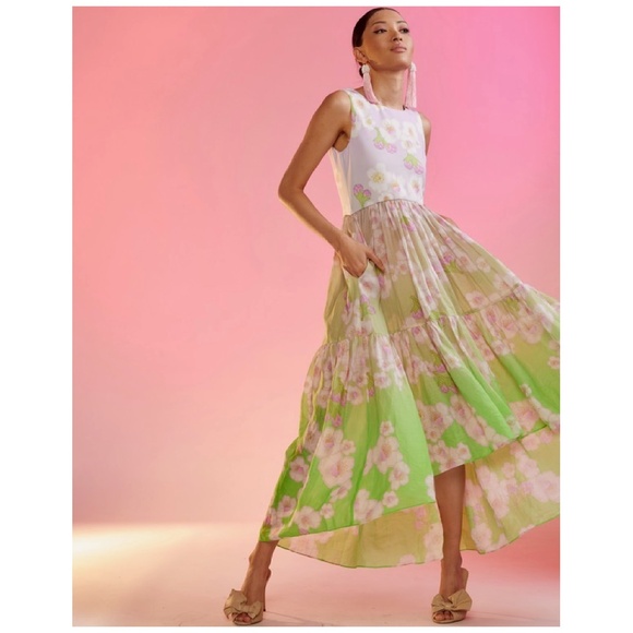 Cynthia Rowley Ramie Tier Sleeveless Dress Floral High Low Pink Green Size Small - Picture 3 of 6